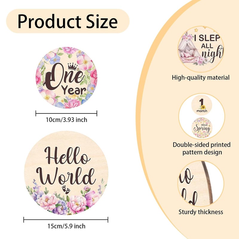 MCIAONE Baby Monthly Milestone Cards - 13pcs Wooden Double Sided Flower Monthly Milestone Signs, Birth Announcement Sign for Photo Props, 1-12 Months Newborn Milestones Cards, Baby Shower Party Gifts Marker - Image 3